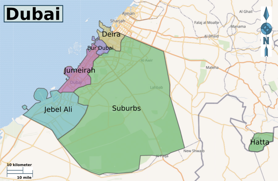 Map of the Emirate of Dubai showing Dubai city area and the emirate's suburban areas. Note: Hatta is part of Dubai emirate.